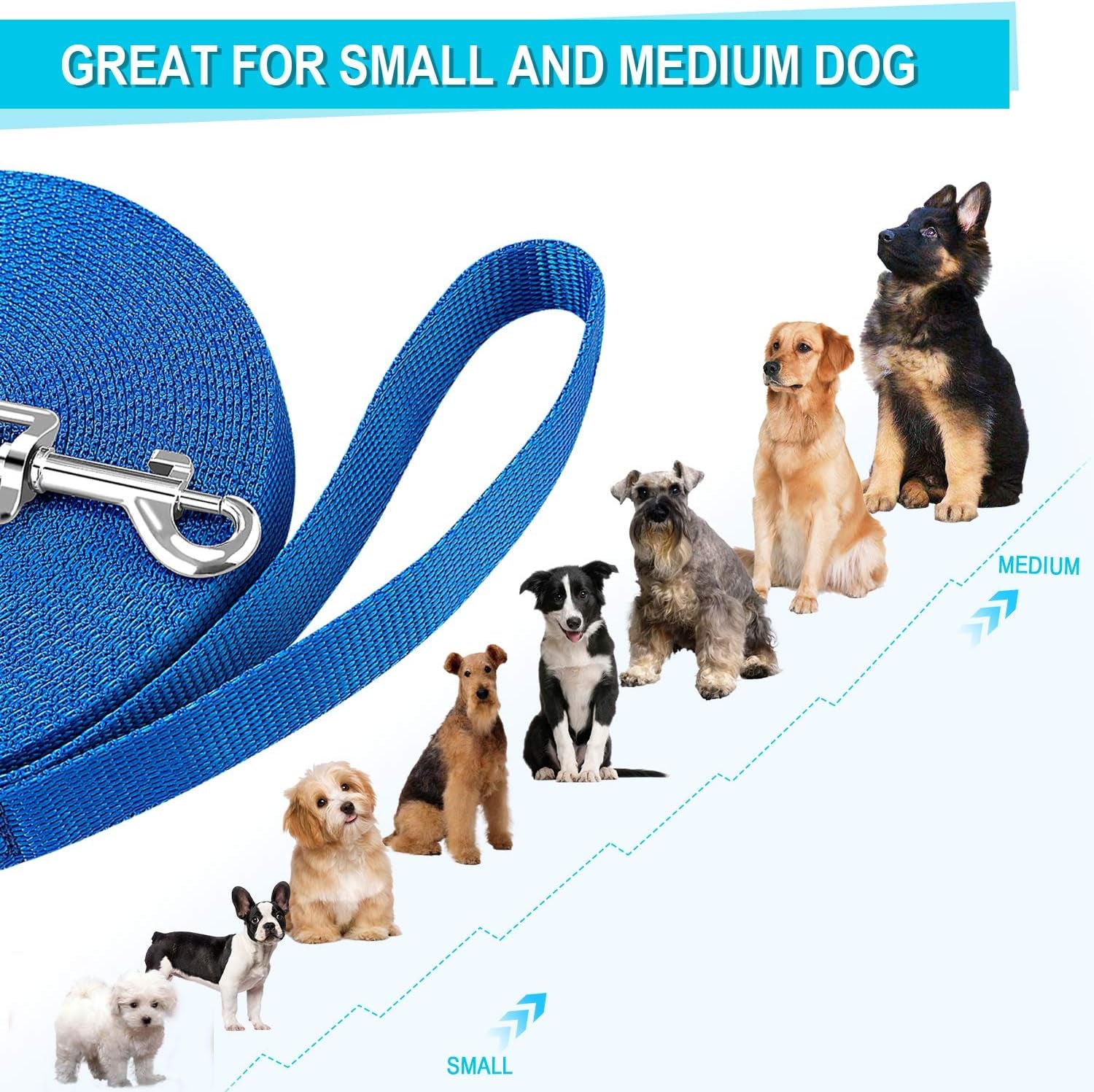 Dog/Puppy/Cat 15 Ft, 20 Ft, 30 Ft, 50 Ft Long Leash for Dog Cat Training, Play, Camping for Small, Medium Dogs or Cats(20 Feet,Blue)